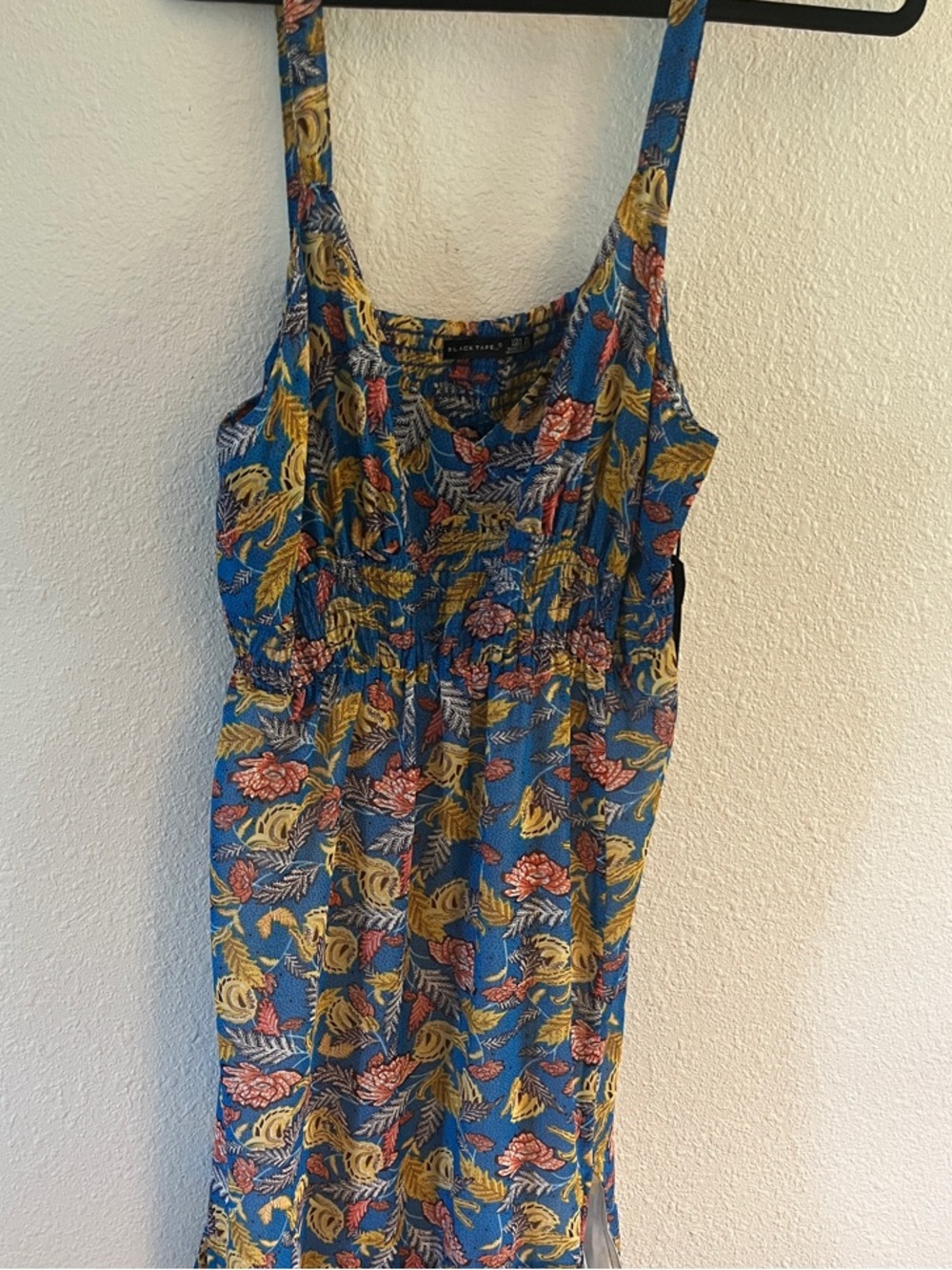 Black Tape_ Blue Floral Maxi Dress with Yellow & Pink Leaf Accents XL